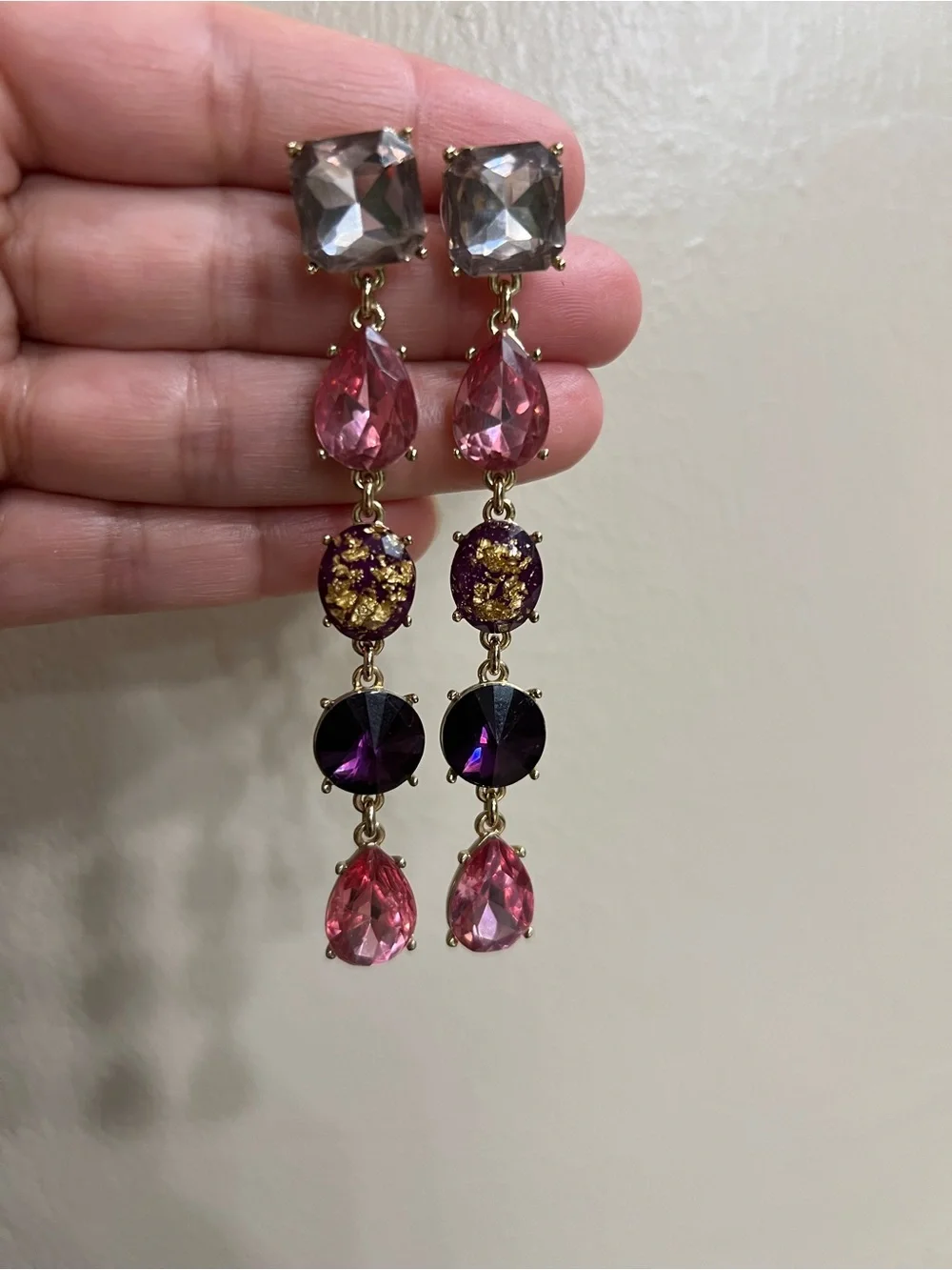 Elegant Gold-Tone Pink & Purple Crystal Drop Earrings
